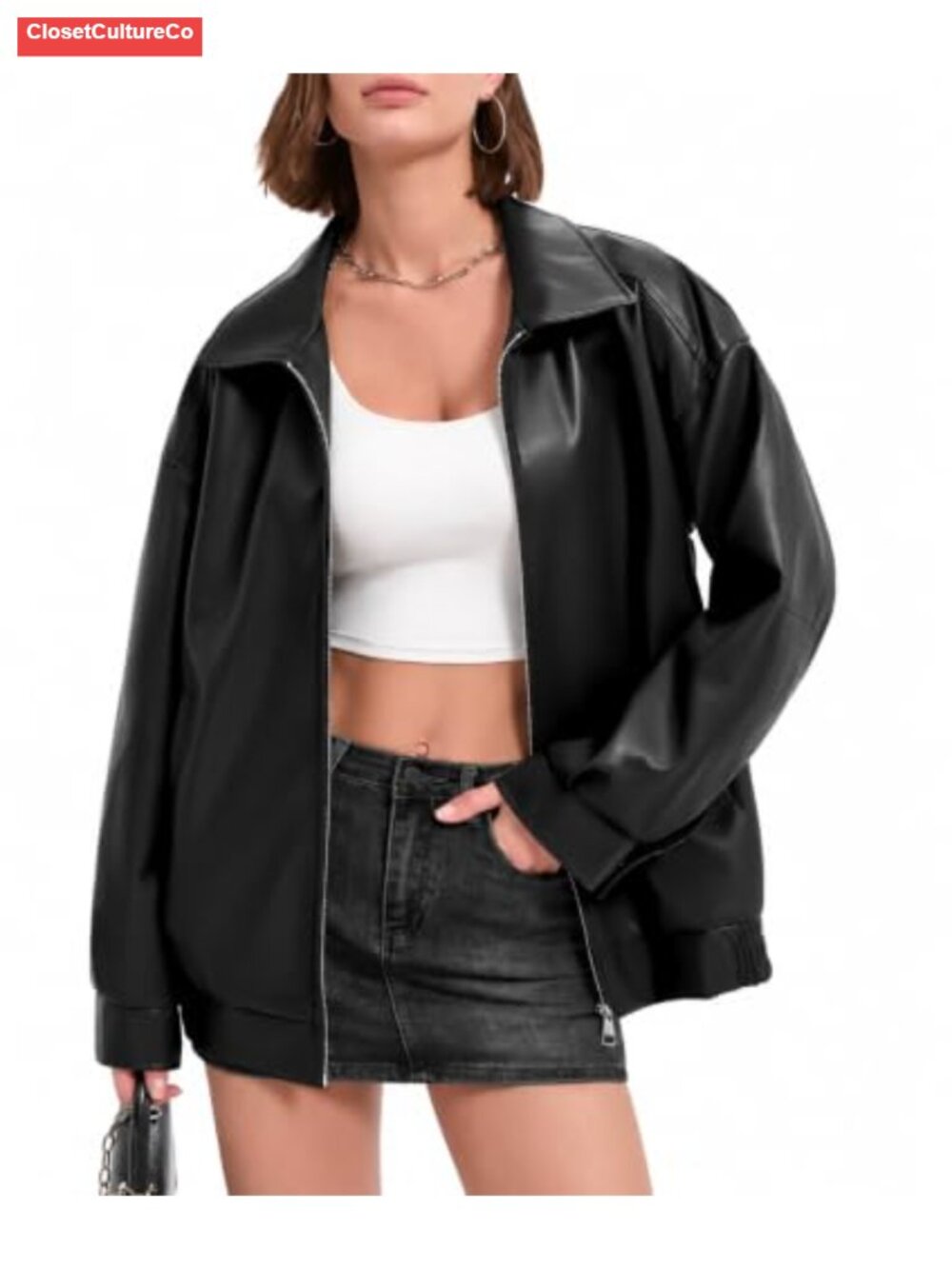 Faux Leather Oversized Bomber Jacket Zip Snap Cuffs Elastic Hem Pockets